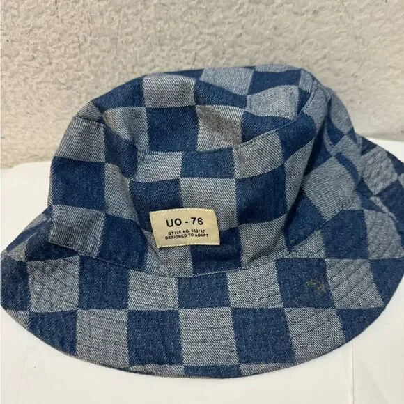 URBAN OUTFITTERS UO Checkered Bucket Hat Cotton UO-76 Label Blue Check Y2K - Picture 3 of 8